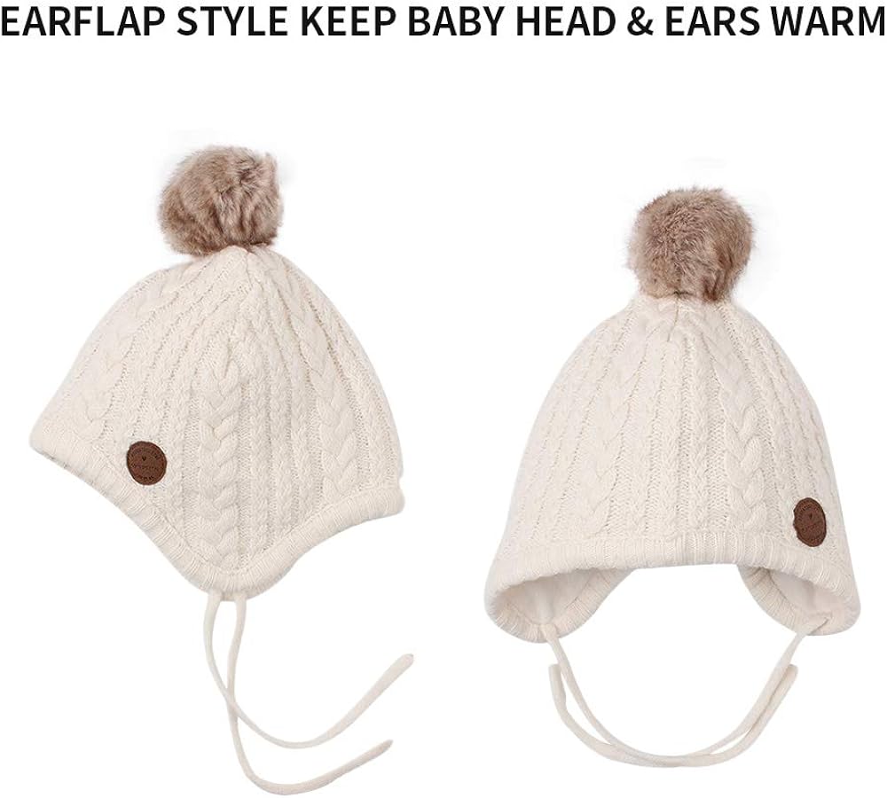 XIAOHAWANG Winter Baby Boys Hat Velvet Lining Toddler Kids Beanie Earflap Warm Baby Hats for Girls with Pompom (White, L) - Image 3