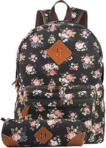 Imiflow Backpack for Teenage Girls Cute Print Canvas School Laptop Bags Pencil Case 2PCS Set (Vintage Black)