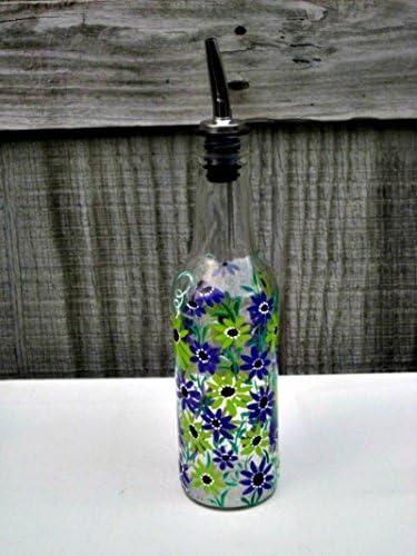 Dish Soap Dispenser, Oil and Vinegar Bottle, Hand Painted Glass Bottle, Kitchen Decoration, Lime Green and Purple Flowers