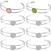 SUNNYCLUE 8Pcs Cabochon Bangles Adjustable Blank Bangle Silver Metal 304 Stainless Steel Expandable Cuff Round Cabochons Bezel Blank Tray Base Bangle for Bracelet Jewelry Making DIY Crafts Accessories