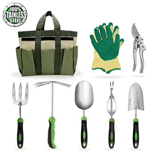 Garden Tools Set Gardening Kits Stainless Steel Heavy Duty Gifts for Men Women Including Gloves Tote and Pruning shears