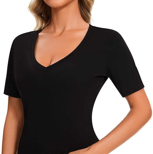 WOMENS DEEP V NECK SHORT SLEEVE LIGHTWEIGHT STYLISH SUMMER ESSENTIAL FIT T SHIRT TOPS TEE FOR WOMEN (BLACK,S)