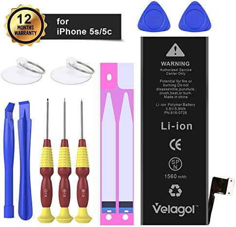 Velagol iPhone 5S/5C Battery 1560 mAh Li-ion Polymer Replacement Battery for iPhone 5S/5C with Repair Tool Kits Instruction [12-Month Warranty]