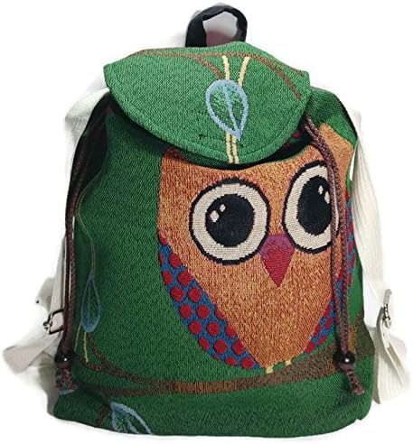 Knapsack Backpack Owl Handmade Fabric Green Color Closing by 2 Ropes