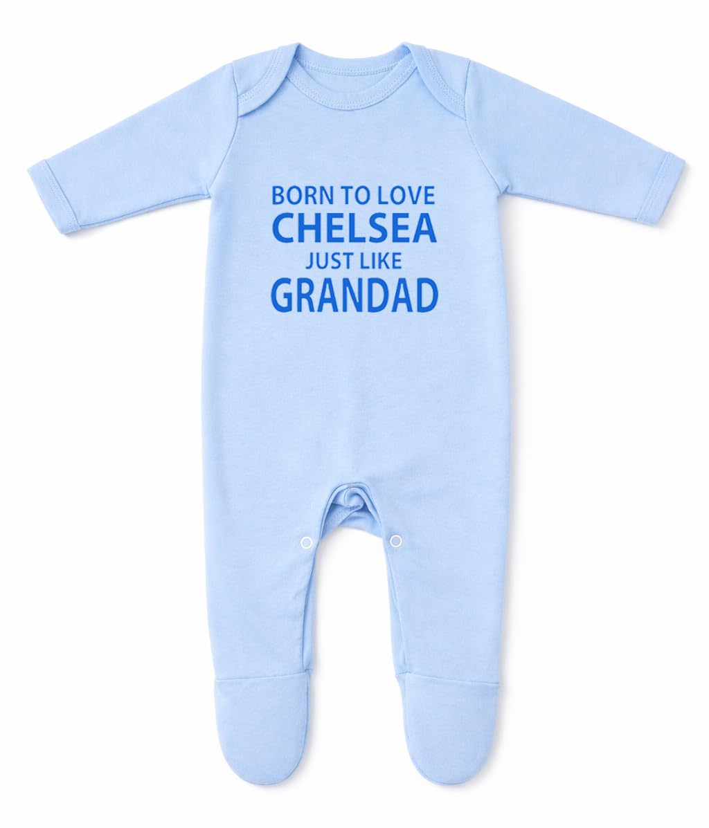 'Born to Love Chelsea Just Like Grandad' Baby Boy Girl Designed and Printed in the UK Using 100% Fine Combed Cotton (0-3 Months, Blue)