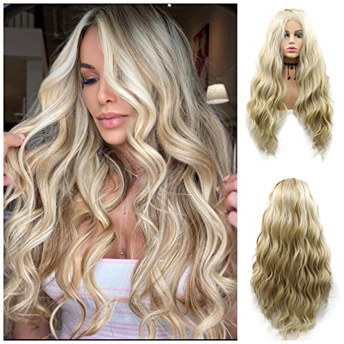 RainaHair 24inches Blonde Wig Long Loose Wave Highlight Color Half Hand Tied Hair Synthetic Lace Front Wigs for Women Heat Resistant Fiber Wig… — image 1
