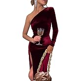 YMDUCH Women's Sexy Elegant One Shoulder Long Sleeve Velvet Ruched Slit Party Long Dress