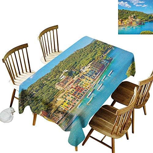 100% polyester washable tablecloth for rectangular tables W54" x L90" Italy Portofino Landmark Aerial Panoramic View Village and Yacht Little Bay Harbor Blue Green Yellow Great for restauran & More