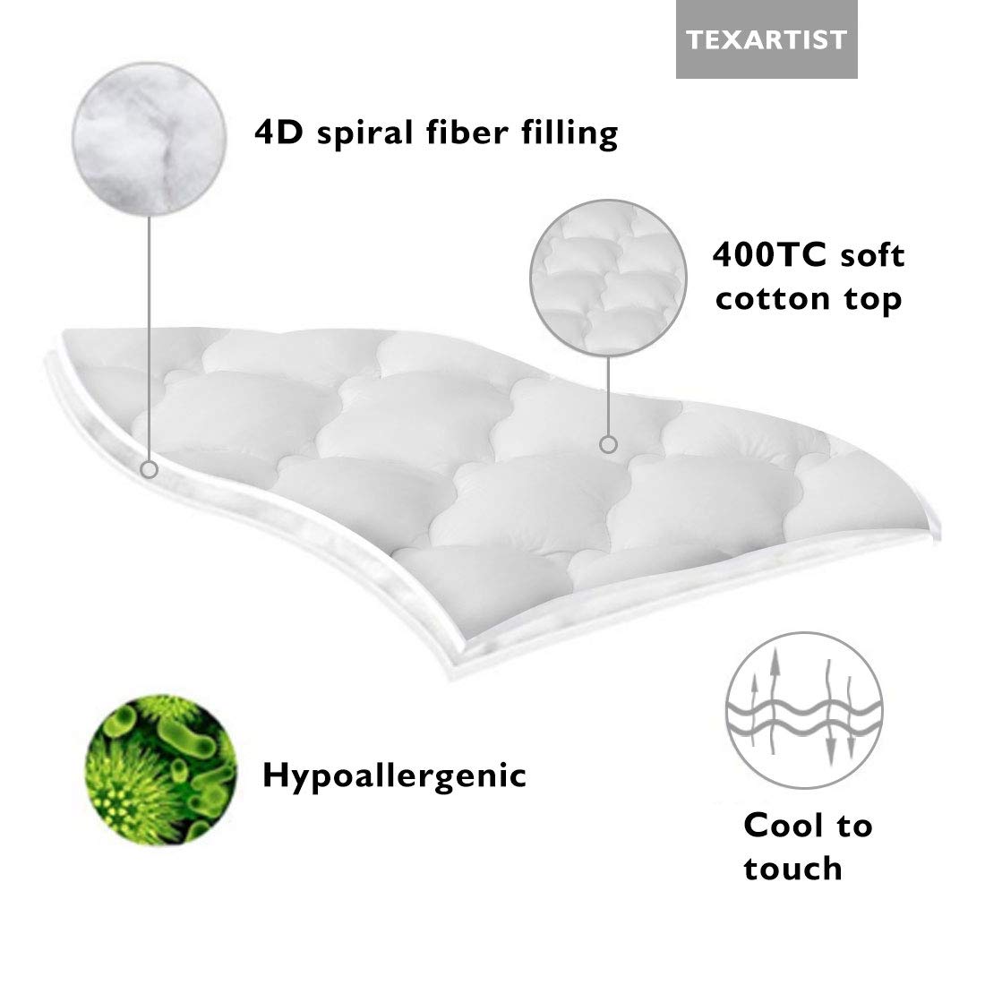 TEXARTIST Mattress Pad Cover King, Cooling Mattress Topper, 400 TC