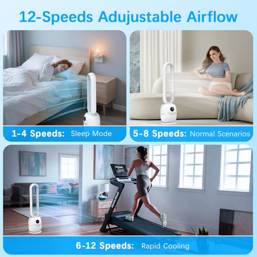 Teoryieer Tower Fan Without Blades, 90 cm Fan Without Blades, DC Motor, 12 Speeds, 12H Timer, Remote Control, LED Display, Automatic Oscillation 60°