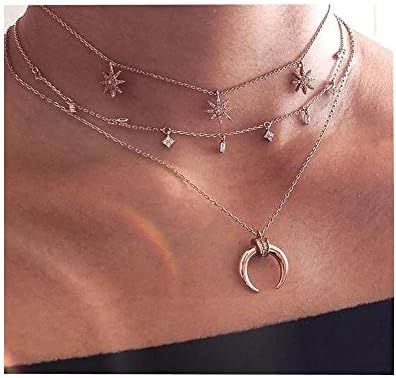 Kasima Multi Layered Strands Chocker Necklace with Crystal Stars and Moon Pendant for Women and Girls