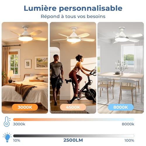 GOODEA Ventilateur de Plafond avec Lumière et Telecommande 81cm, E27 & 5 Pales à Encliquetage, 3 Couleurs & 2500LM Très Lustre Ventilateur Plafond Silencieux Minuterie Mémoire pour Salon Chambre
