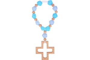 FUKAISU Cross Baptism Silicone Rosary, Blue Flower Beads Baby Rosary Teether with Wooden Cross for Baby Shower Christian Communion Party Kids First Gifts