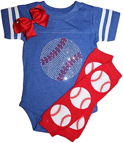 FanGarb Rhinestone Baby Girls Baseball Blue Team Color Sport Outfit With Red Baseball Leg Warmers (24months, Prime Blue)