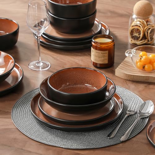 vancasso AMBER 6 Person Dinnerware Set, 24 Piece Stoneware Dinner Plates Set - Flat Plates, Dessert Plates, Pasta Bowls and Bowls - Microwave Safe - Red Glaze