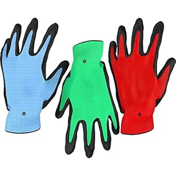 Vremi Heavy Duty Gardening Gloves for Men and Women - 3 Pack Medium Size Bamboo Nitrile Coated Indoor and Outdoor Garden Gloves for Vegetable Roses or Flower Gardens - Blue Green and Red