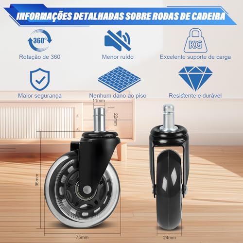 75 mm Rodas para Cadeira de Escritório, Kit 5 Rodas para Cadeira de Escritório Duráveis Haste Universal 11 mm, Rodas de Cadeira de Escritório de Substituição, Rodízios Resistentes para Cadeiras
