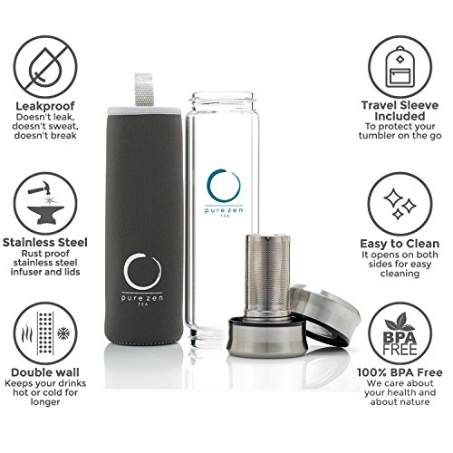 Pure Zen Tea Tumbler with Infuser - Double Wall Glass Travel Mug with Stainless Steel Filter - Leakproof Tea Infuser Bottle for Loose Leaf Infusions and Fruit Infused Water - Unique Gift Set - 13 oz