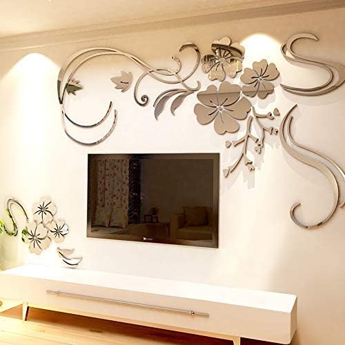 Warmcasa 3D Silver Flower Wall Sticker Art Removable Acrylic Mural Decal Wall Sofa Home Room Decor (M, Silver Right)