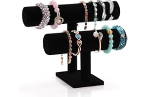 Resulzon Jewelry Stand Display 2 Tier, Black Velvet T-Bar Bracelet Watch Bangle Necklace Holder Organizer for Women Girls Men