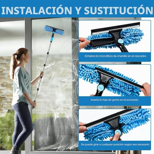 Telescopic Glass Cleaner, 10 Sticks, 0.13-4 m, 180° Rotating Head, Replacement Cloth, Chenille and Brush, for Roofing Terraces, Greenhouses, Skylights, Large Glazed Surfaces | For high windows, shower, car, mirror, microfibre covers, professional quality