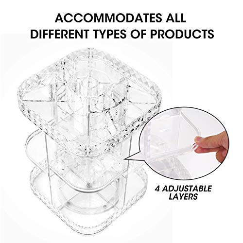360 Lazy Susan Makeup Organizer, Square Bathroom Shelf Revolving Countertop Tower Display Case Cosmetic Storage Holder, Crystal Clear