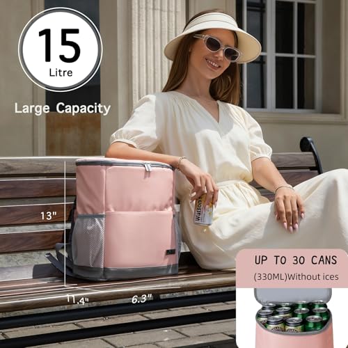 Insulated Cooler Backpack Small- Leak Proof Backpack Cooler 30 Cans, Waterproof Lightweight Cooler Bag for 12h Hot/Cold Retention - Portable Soft Cooler for Travel, Camping, Beach, Lunch-Pink