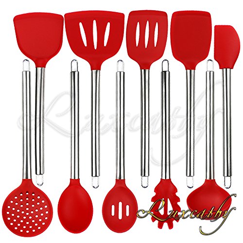 Luxcathy 304 Stainless Steel and Silicone Kitchen Utensil Set , 10-Pieces with Spoon, Spatula Tools, Pasta Server, Ladle, Strainer for Pots and Pans Non-Stick Heat Resistant Silicone (Red)