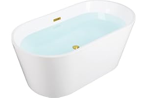 WOODBRIDGE 59" Acrylic Freestanding Bathtub Contemporary Soaking White Tub with Brushed Gold Overflow and Drain，B0014-BG