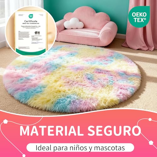 VOFUSHON Living Room Rug 150 cm Rainbow Rug Long Hair Washable Non-Slip Carpet for Bedroom