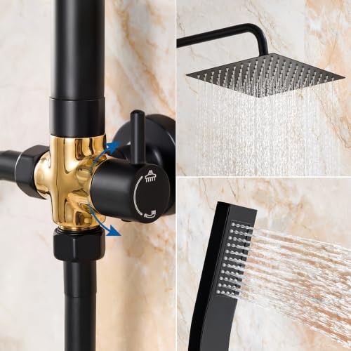 Auralum Columna Ducha Sin Grifo, Rociador de Ducha 25x25cm Acero Inoxidable 304, Alcachofa Ajustable y Estante Sin Taladro, Barra Ducha 62-102cm Compatible Orificios Existentes para Bañera, Negro