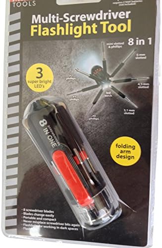 SCREWDRIVER SET. 8 IN 1 MULTI-SCREWDRIVER WITH 3 LED FLASHLIGHT AND 1 LED SPOTLIGHT TOOL FOR HOME AND AUTO. COMPACT FOLDING ARM DESIGN WITH 8 SIZES. GET ONE AND NEVER MISPLACE SCREWDRIVER BITS AGAIN!
