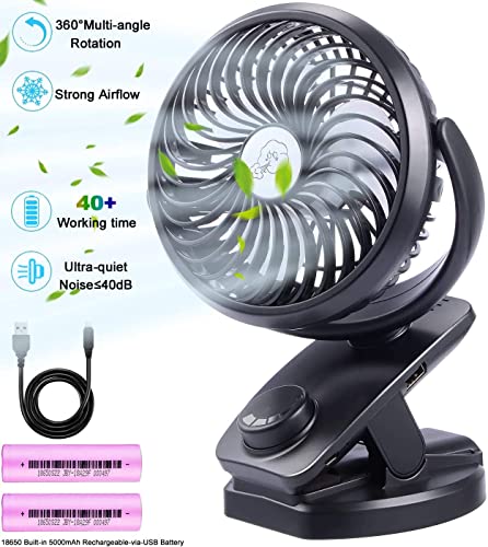 Mini Clip-on Fan 5000mAh Rechargeable Battery Operated USB Desk Fan Portable Personal Fan Small Quiet Stroller Fan for Home, Office, Travel, Camping, Baby Pram(Black)