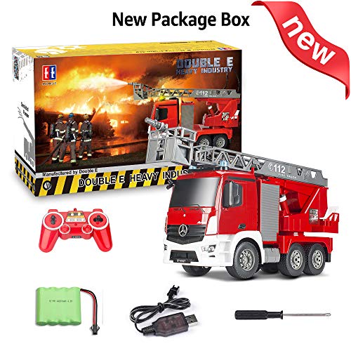 DOUBLE  E RC Fire Truck Remote Control Fire Engine 10 Channel with Water Pump Lights Sounds Extendable Ladder Rechargeable Battery 2.4GHz Radio Control (New Package)