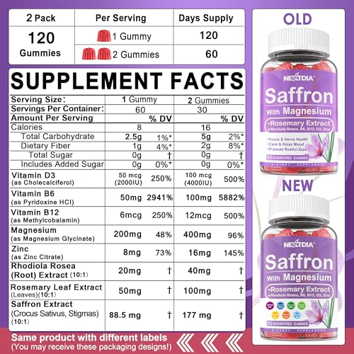 Happy Saffron Supplements Gummies - 4 Months Supply -Saffron Extract 177mg 88.5mg, w/ Magnesium Glycinate 400mg 200mg, Rhodiola, Rosemary, Vitamin D, B6 B12 for Rest, Mood, Calm, Focus, Sugar-Free