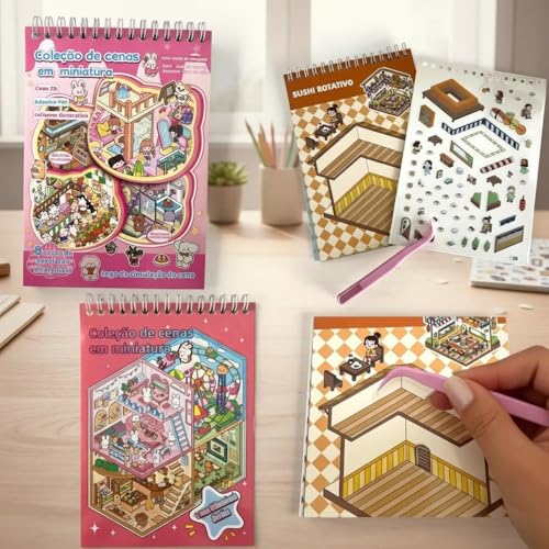 Caderno Adesivo 3D Com 8 Cenários Criativos DIY Com Pinça Stickers Spiral Adultos e Crianças Cores Sortidas Premium