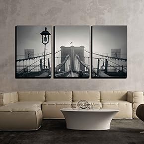 3 Piece Canvas Wall Art - Walk on Brooklyn Bridge in a Foggy Day in Downtown Manhattan New York City. - Modern Home Art Stretched and Framed Ready to Hang - 16"x24"x3 Panels