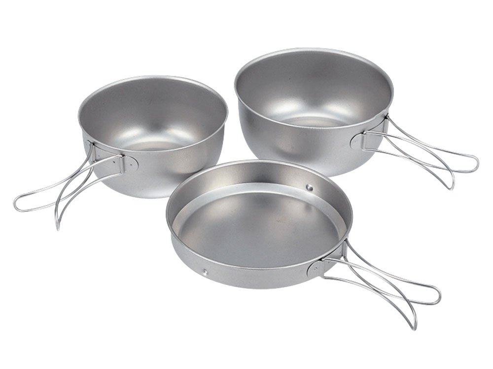 Snow Peak 3 Piece Titanium Cookset, lightweight frypan and saucepan set, convertible to bowls, collapsable handles and nestle together with carry case, for camping and outdoor cooking