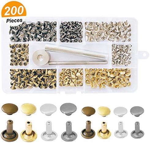 200 Sets Leather Rivets Double Cap Rivet Tubular Metal Studs with 3 Fixing Tool Kit for DIY Leather Craft Repairing Decoration,2 Sizes and 4 Colors (Gold, Silver, Gun-black, Bronze)