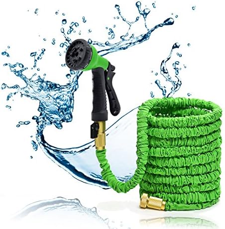 Green 50FT Stronger Double Latex Inner Tube Prevent Leaking Strongest Expandable Solid Brass (With Valve) Garden Hose with Extra Strength Fabric and Professional Spray Gun Tap to Pressure Washer