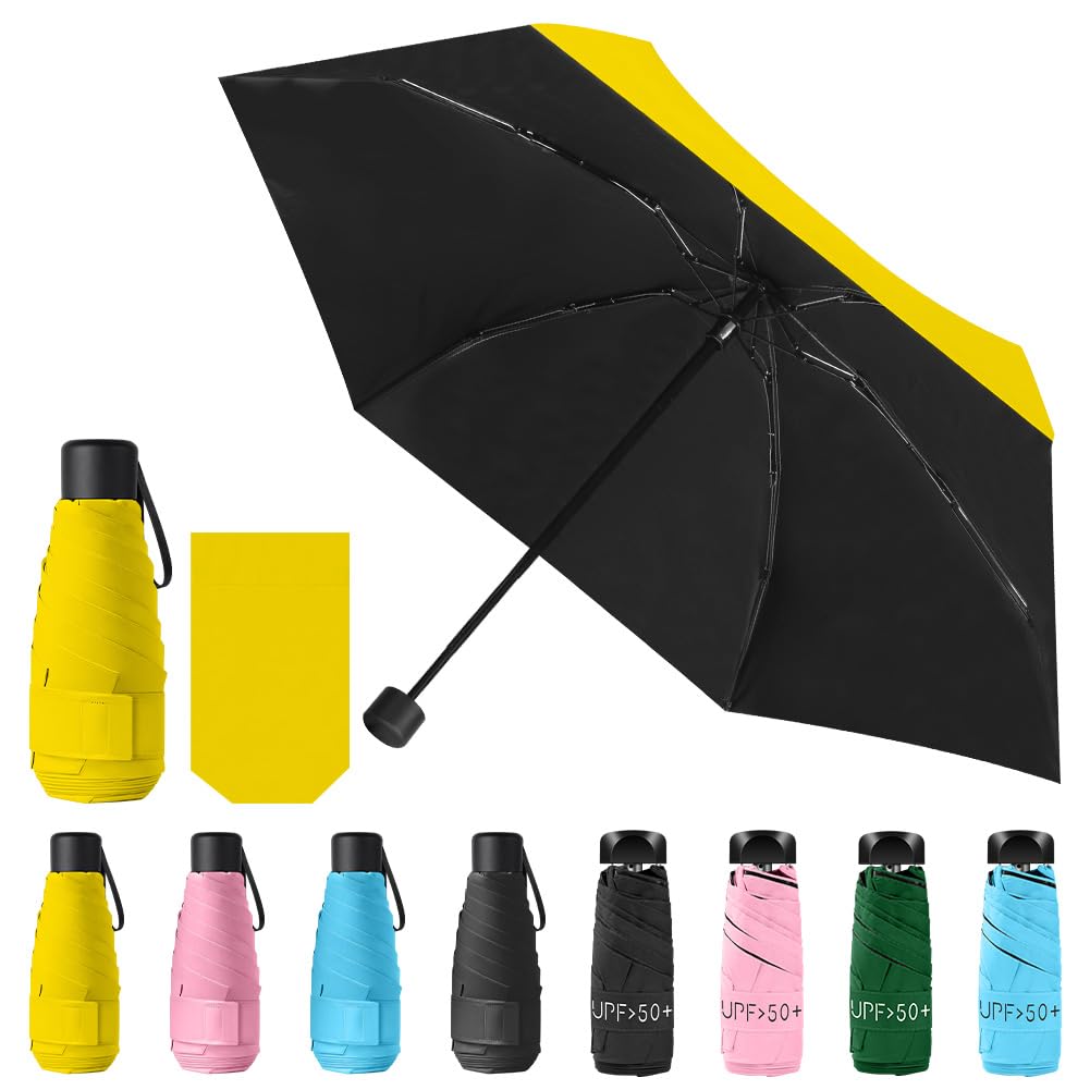 Vicloon Mini Travel Umbrella, Small Compact Umbrella with UPF50+ Protection, 210T Black Rubber Cloth & 6 Aluminum Alloy Ribs Folding Umbrellas, Lightweight Tiny Pocket Umbrellas (Yellow)