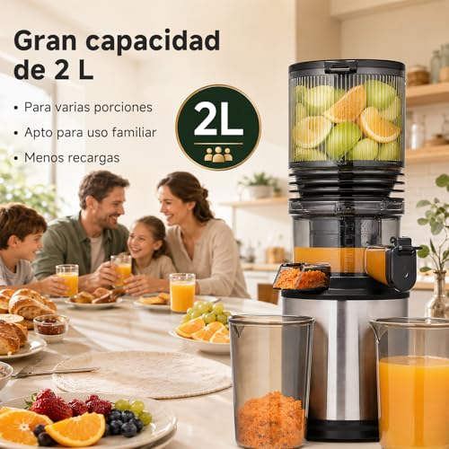 AMZCHEF Extractor de Zumos 158 mm Boca XXL, Licuadora de Prensado en Frío para Frutas y Verduras, Slow Juicer 2L con Vaso de Pulpa y Vaso de Zumo, Fácil Limpieza, Motor Silencioso, Acero Inoxidable