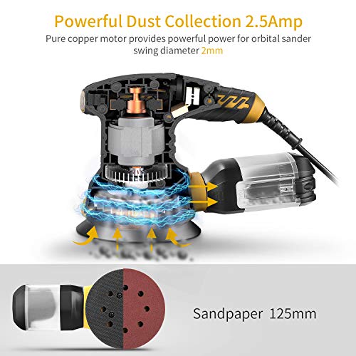 Orbital Sander, Ginour 13000 RPM 125mm Random Orbital Sander, 6 Speeds, 15Pcs Sandpapers, Sponge Disc,Wool Disc, Efficient Dust Collection System, Ideal for Sanding, Polishing Wood