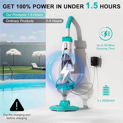 Cordless Pool Vacuum for Above Ground, Handheld Pool Spa Vacuum Cleaner for Rechargeable, Inground Pools Hot Tub,60" Extendable Pole, up to 19.5 GPM for Shallow Stepss,Leaves, Debris