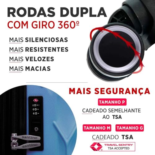 SANTINO Mala de Viagem Media 23kg Rígida ABS 4 Rodas 360º com TSA Leve Resistente Flexível Antifurto Azul Claro tamanho 24 polegadas