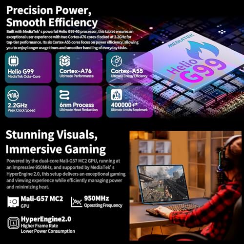 TECLAST T70 14 Inch Touchscreen Tablet Top Gaming Android Tablet, Helio G99 2.2GHz Octa-Core, 20GB RAM M+256GB (8TB TF), Dual SIM 4G LTE, 10000mAh/18W, Widevine L1/GPS/13MP, Tablet with Stylus + Case
