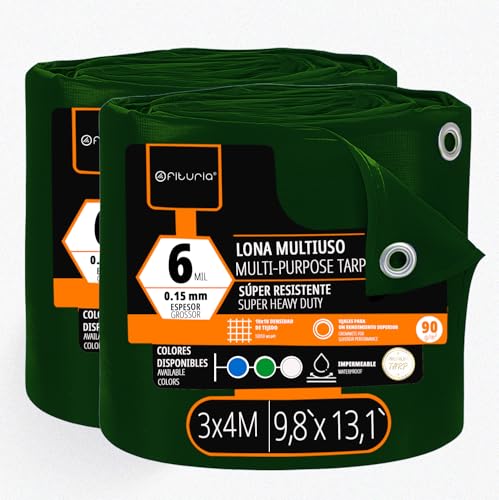 OFITURIA Multipurpose Tarpaulin Waterproof 3 x 4 m Green, Set of 2, Ideal for Covering Furniture and Equipment in the Garden, Camping and Construction Site (3 x 4 m, Pack of 2)
