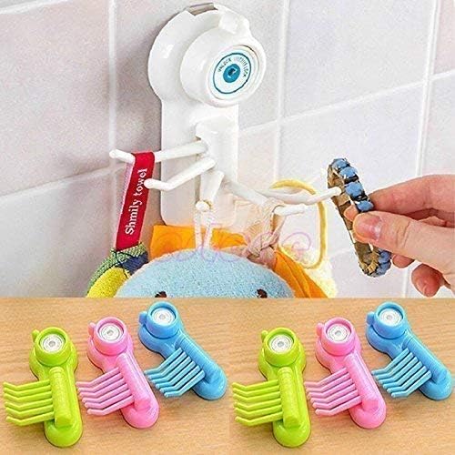 Heavan 6 Hook Hanger Suction Cup for Bathroom Key Towel Scrubber Holder 6 Hook Plastic(Multi Color)