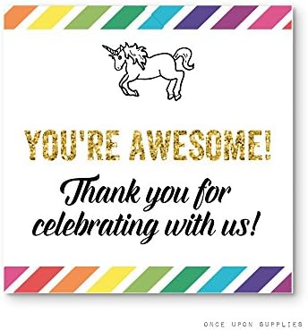 Rainbow Unicorn Birthday Party Thank You Stickers Square Shape by Once Upon Supplies, with Gold Glitter Accent, 2x2", 40 Pcs