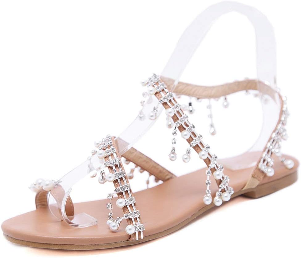Vimisaoi Women's Flat Sandals, Summer Bohemia Clip Toe Slip On Rhinestone Pearls Beach Slide Sandals Flip Flops